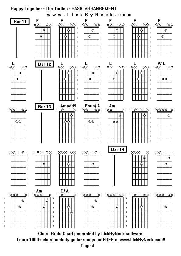 Chord Grids Chart of chord melody fingerstyle guitar song-Happy Together - The Turtles - BASIC ARRANGEMENT,generated by LickByNeck software.